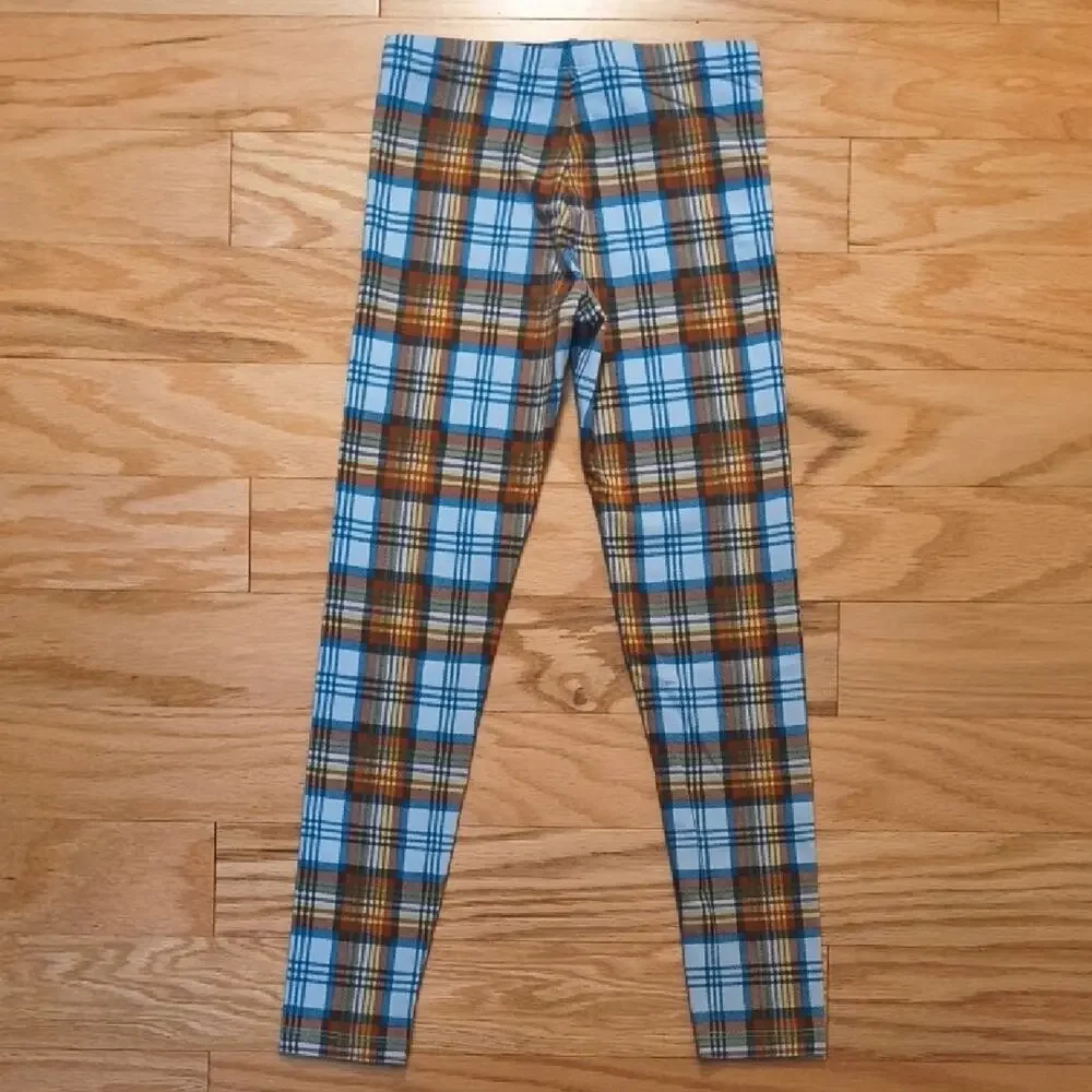 Tea Collection,  Blue &Brown Plaid Print Leggings, Size 7 (NWOT)